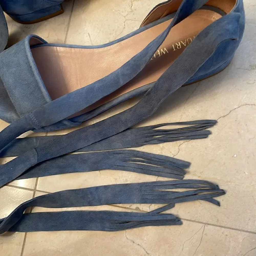 Stuart Weitzman “Corbata” Blue Suede Wrap Sandals - Picture 4 of 6